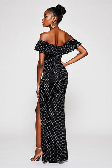 Black White Polka Dots Sheath Off The Shoulder Maxi Dress With Slit